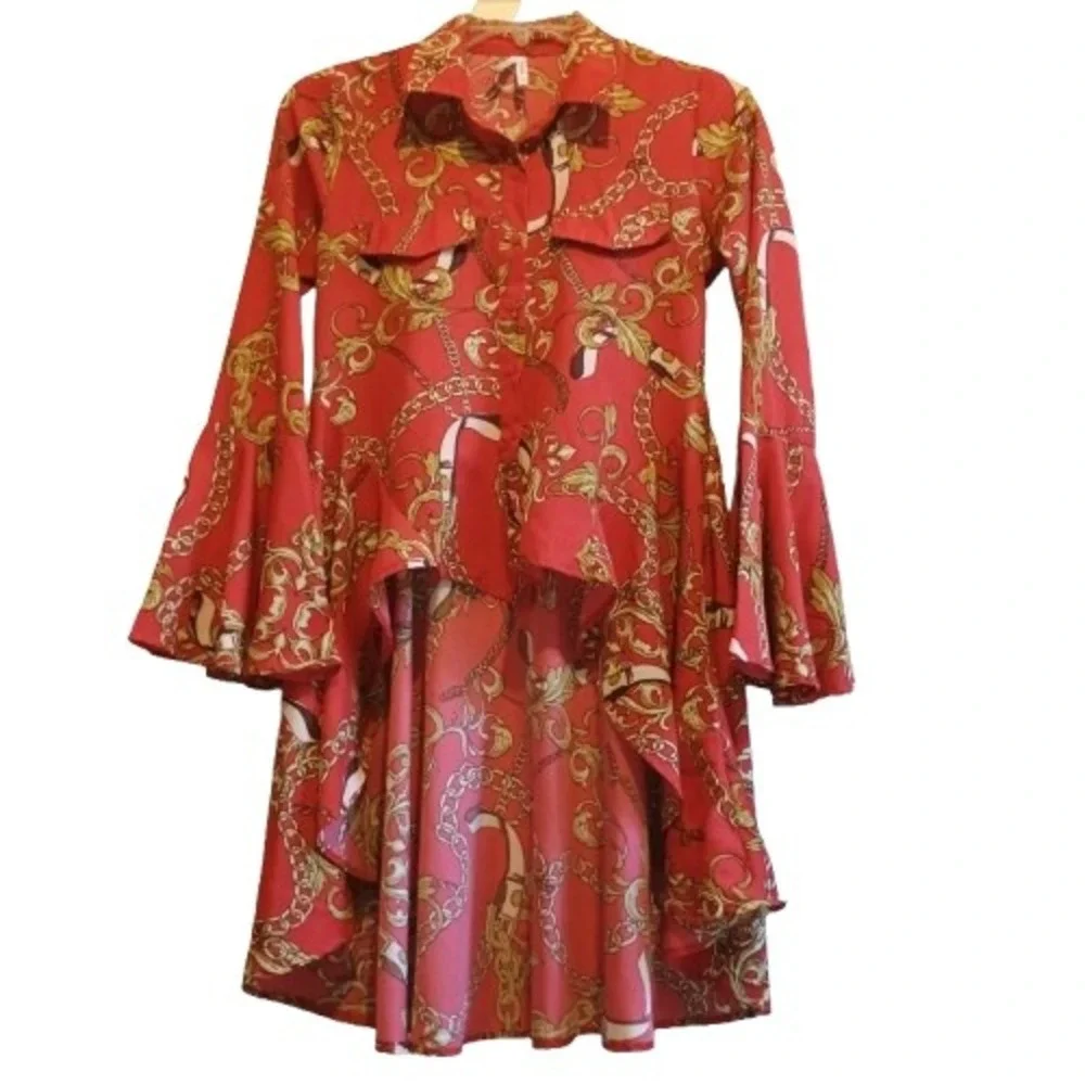Truth Small VERSACE Inspired Chain Print Hi‎ Low Shirt Dress Tunic Red Gold S - Picture 2 of 15